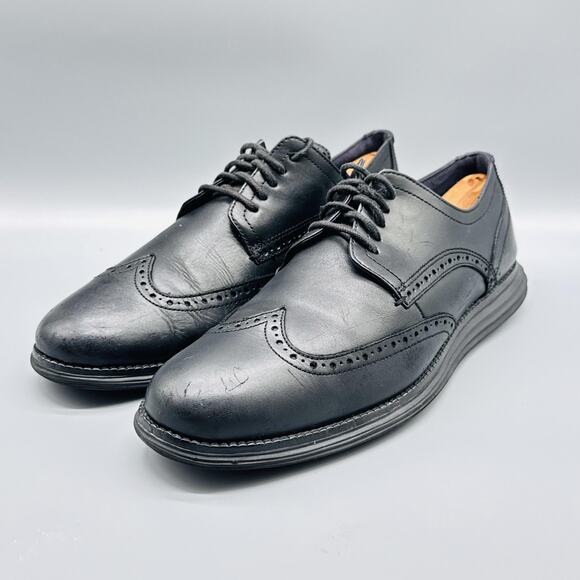 Cole Haan Shoes Men 12 Black Leather Original Grand Wingtip Oxford Slip On Dress - Picture 4 of 13